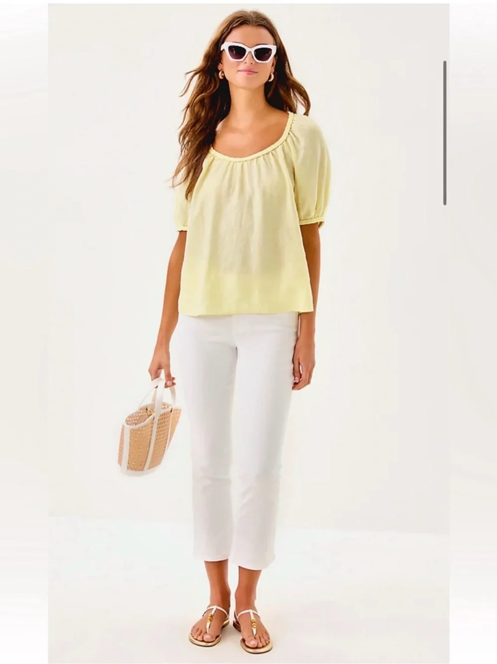 Lilly Pulitzer Pale Yellow Linen Puff-Sleeve Scoop Neck Top